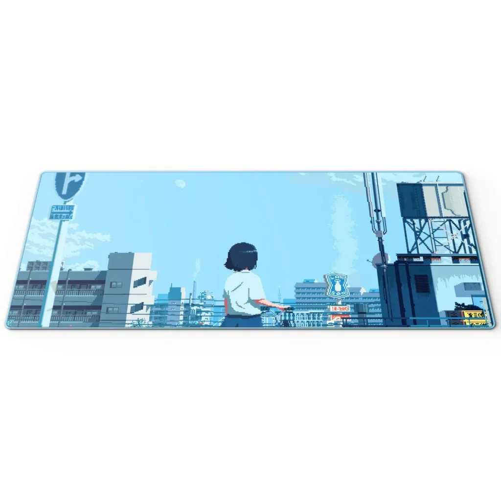 Vibrant Pixel Road Intersection Desk Mat showcasing a dynamic retro gaming road intersection, bringing an 8-bit urban landscape to your workspace.