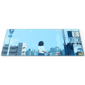 Vibrant Pixel Road Intersection Desk Mat showcasing a dynamic retro gaming road intersection, bringing an 8-bit urban landscape to your workspace.