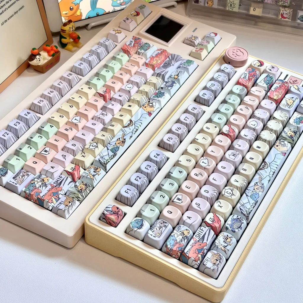 Vibrant Playful Pokemon Keycaps Set featuring a complete 149-key OEM profile for mechanical keyboards, displaying iconic Pokemon.
