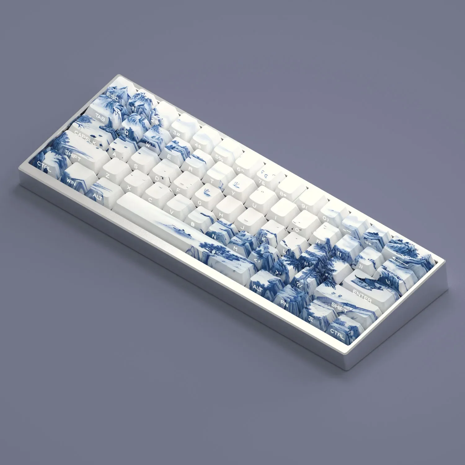 A gallery of Jiangnan Serenity Porcelain Keycaps Set, highlighting the exquisite blue and white patterns and serene landscape artistry from multiple choices.