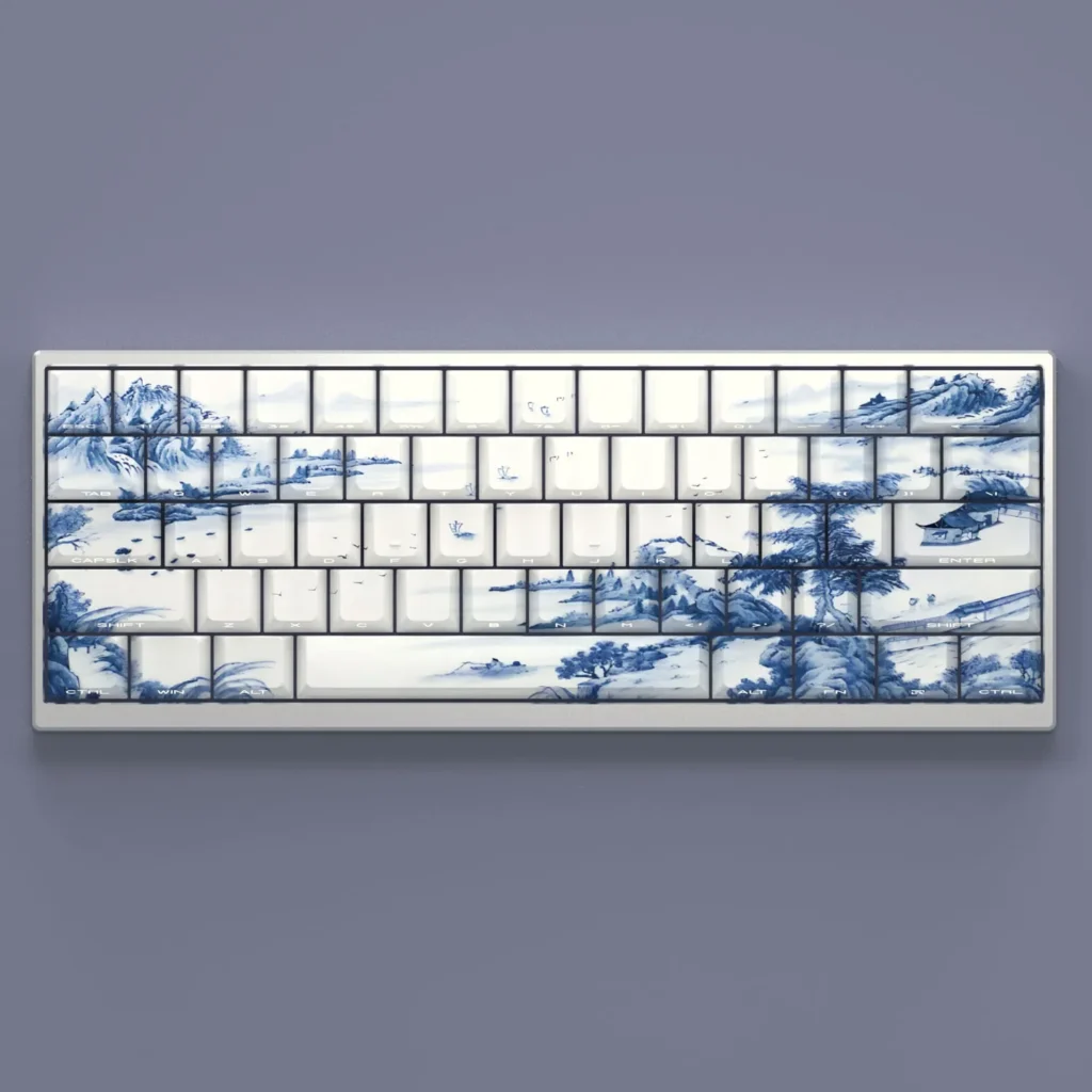 Exquisite Blue & White Porcelain keycaps Set featuring serene Jiangnan landscape motifs, showcasing artistic elegance on a keyboard.