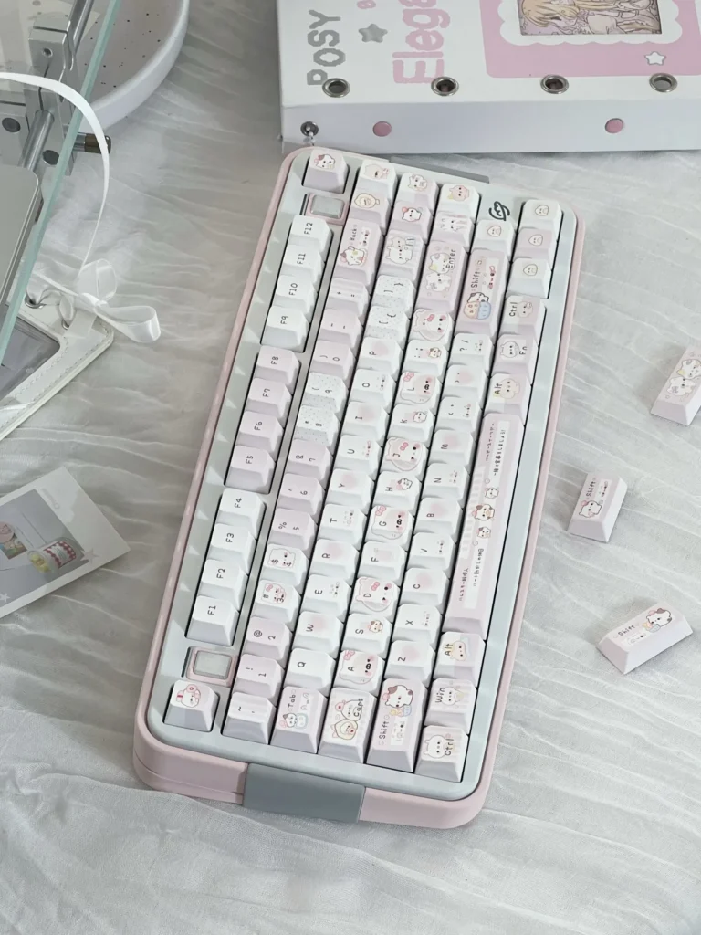Collection of whimsical Powder Puff Cherry Keycap Set, showcasing the dreamy soft pink design and premium five-sided dye-sublimation for a whimsical touch.