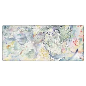 Vibrant Qilin ancient mythology waterproof Qilin desk mat, featuring stylized protective creature and five-direction symbolism on a large gaming desk.