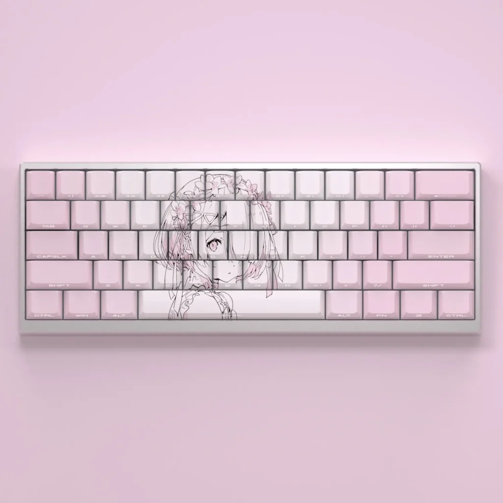 Vibrant pink Re:Zero Ram keycaps set with iconic side-printed backlit legends, showcasing a playful anime aesthetic for custom keyboards.