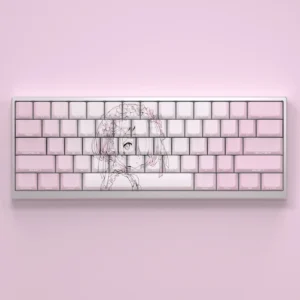 Vibrant pink Re:Zero Ram keycaps set with iconic side-printed backlit legends, showcasing a playful anime aesthetic for custom keyboards.