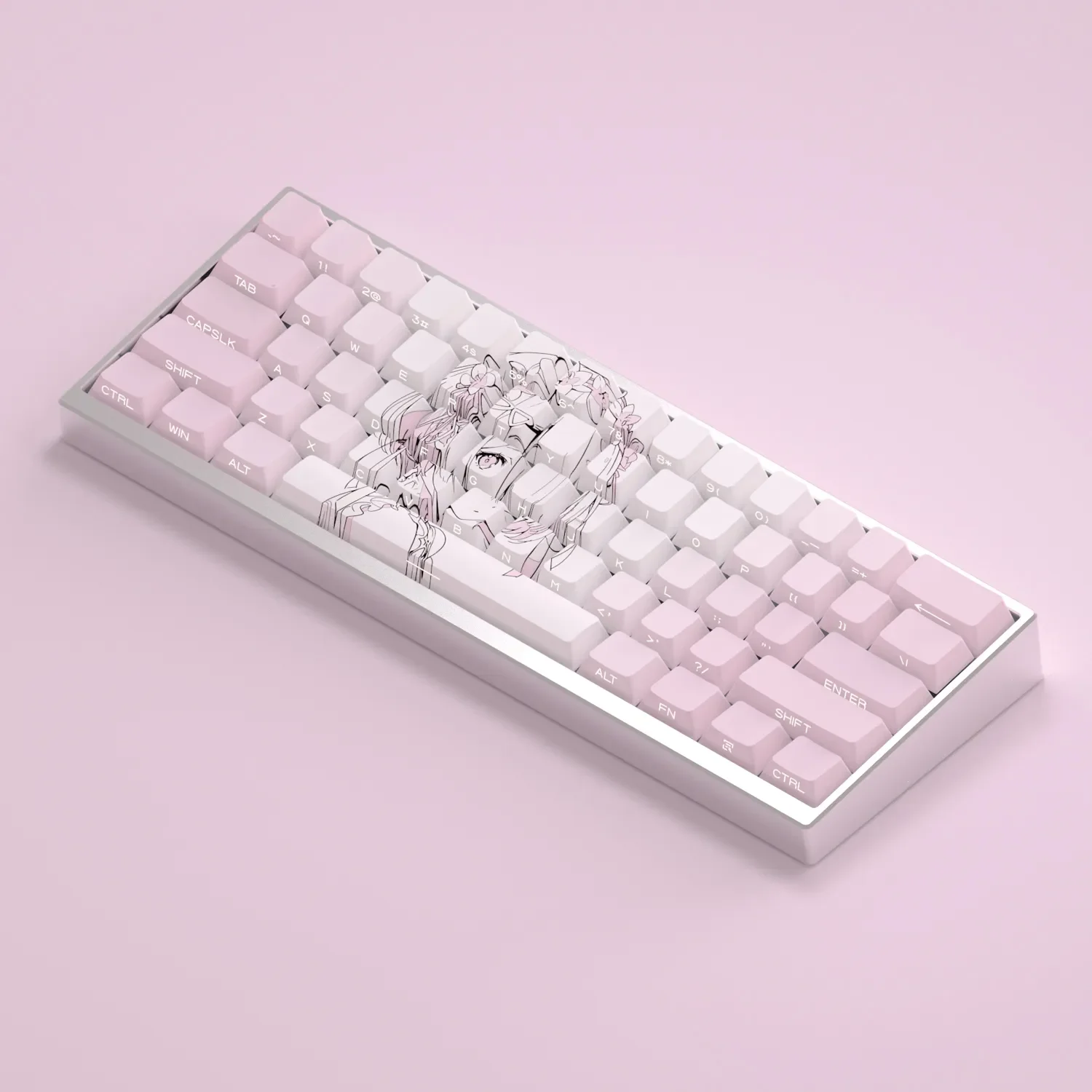 Vibrant Ram Re:Zero anime keycap set gallery, highlighting iconic side-engraved, backlit legends and vivid character art from multiple angles.