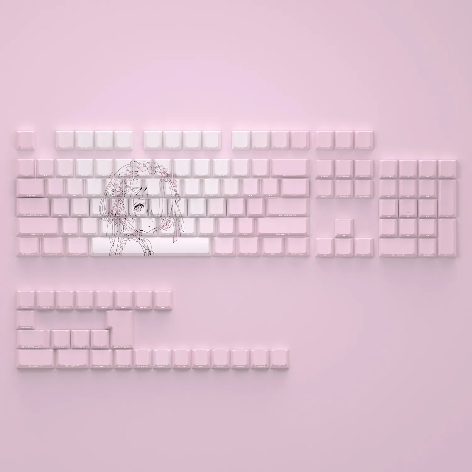 Playful Re:Zero Ram keycaps set, vibrant pink-dominant with crisp side-printed legends, capturing the iconic anime spirit for backlit keyboards.