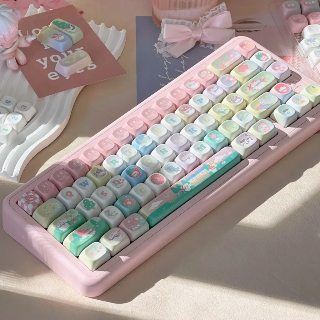 Raspberry Ice Whimsy PBT Keycap Set for mechanical keyboards, showcasing whimsical pastel pinks, creamy whites, and hand-drawn dessert aesthetic design.