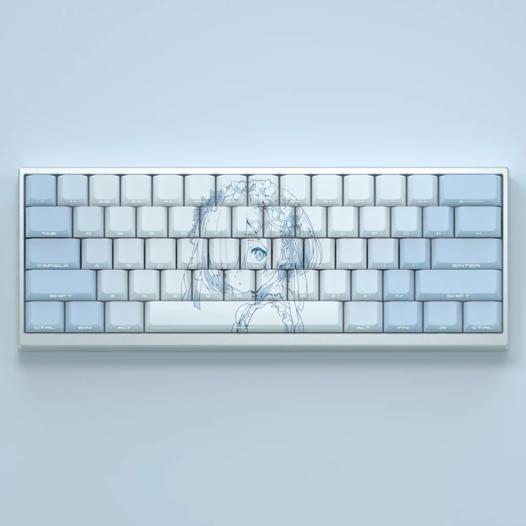 Exclusive Rem keycaps set showcasing vibrant Re:Zero anime art and luminous side-engraved backlit legends. Perfect for fans and custom keyboards.