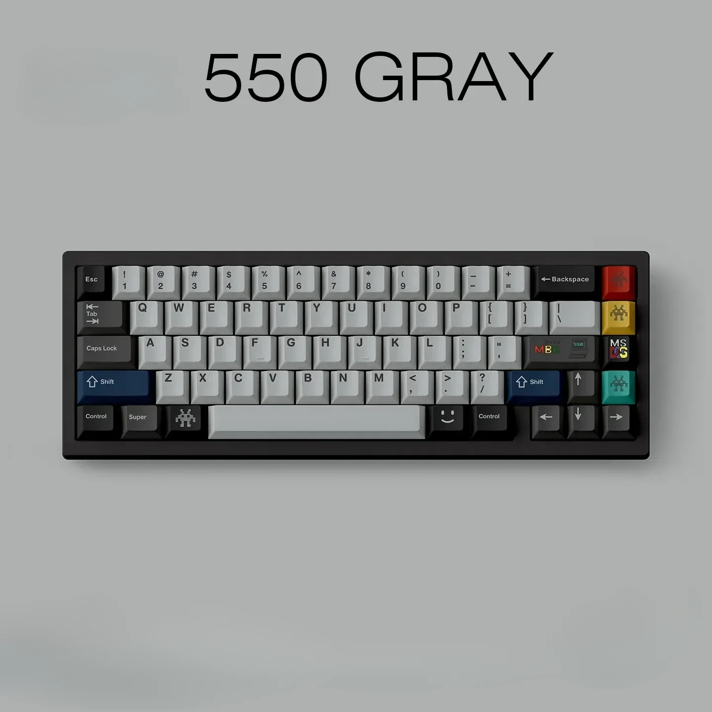 Gallery of Retro Gray PBT keycap Set, showcasing durable dye-sub legends and vintage industrial style from multiple angles for mechanical keyboards.