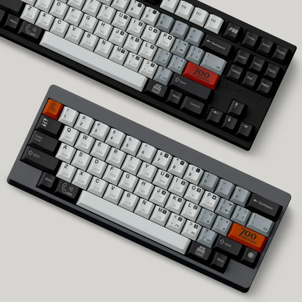 Retro PBT Keycap Set: A minimalist, timeless collection of Retro PBT Keycaps in elegant black, white, and grey, embodying understated.