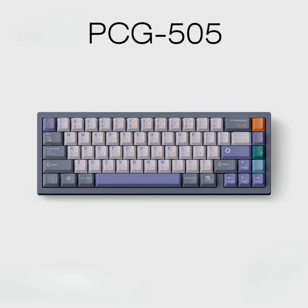 Artistic collection of retro pale purple PBT keycap set, highlighting the soft vintage palette and elegant design.