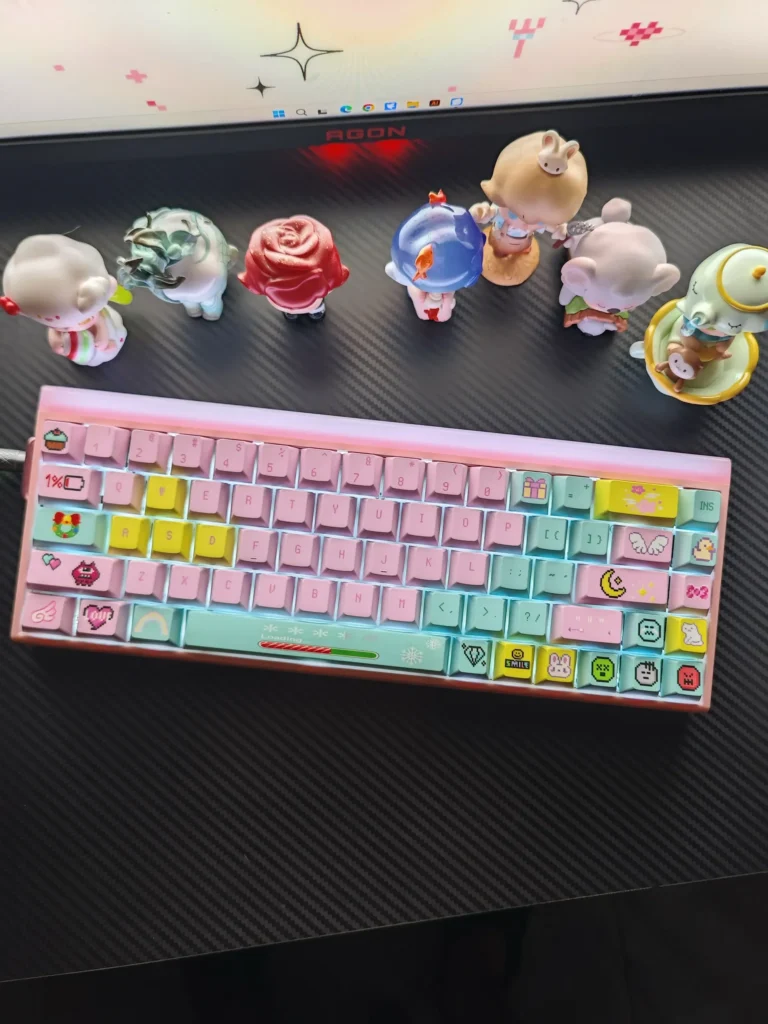 Vibrant Retro Pixel Art Keycaps set, displaying charming 8-bit front-engraved designs. These playful pixel art keycaps bring a retro gaming vibe to your setup.