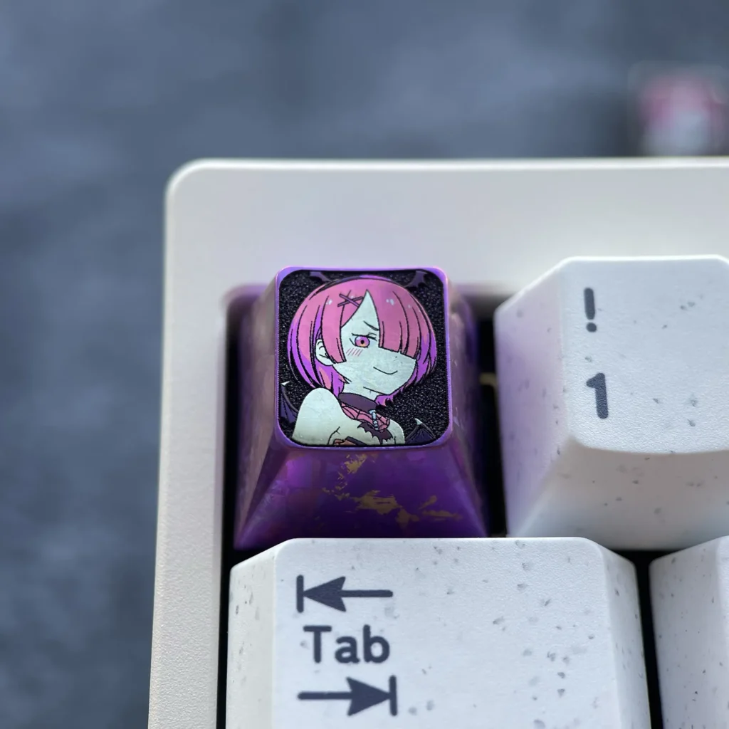 Premium Ram Titanium Halloween keycap, custom 1U metal design with intricate anodized purple finish, featuring a unique mystical anime character.