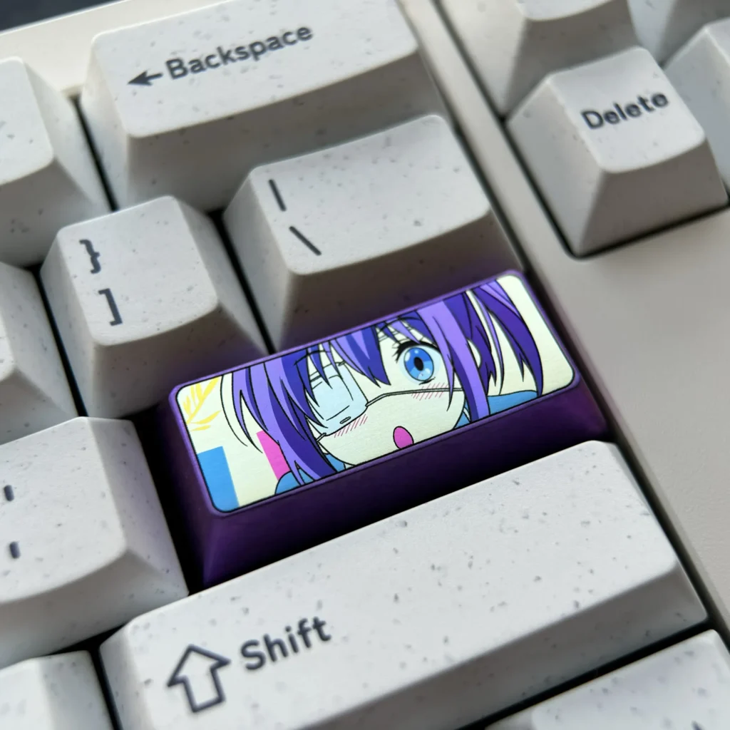 Gallery showcasing the premium titanium Rikka Takanashi anime keycap from various angles, emphasizing its vibrant metallic sheen.