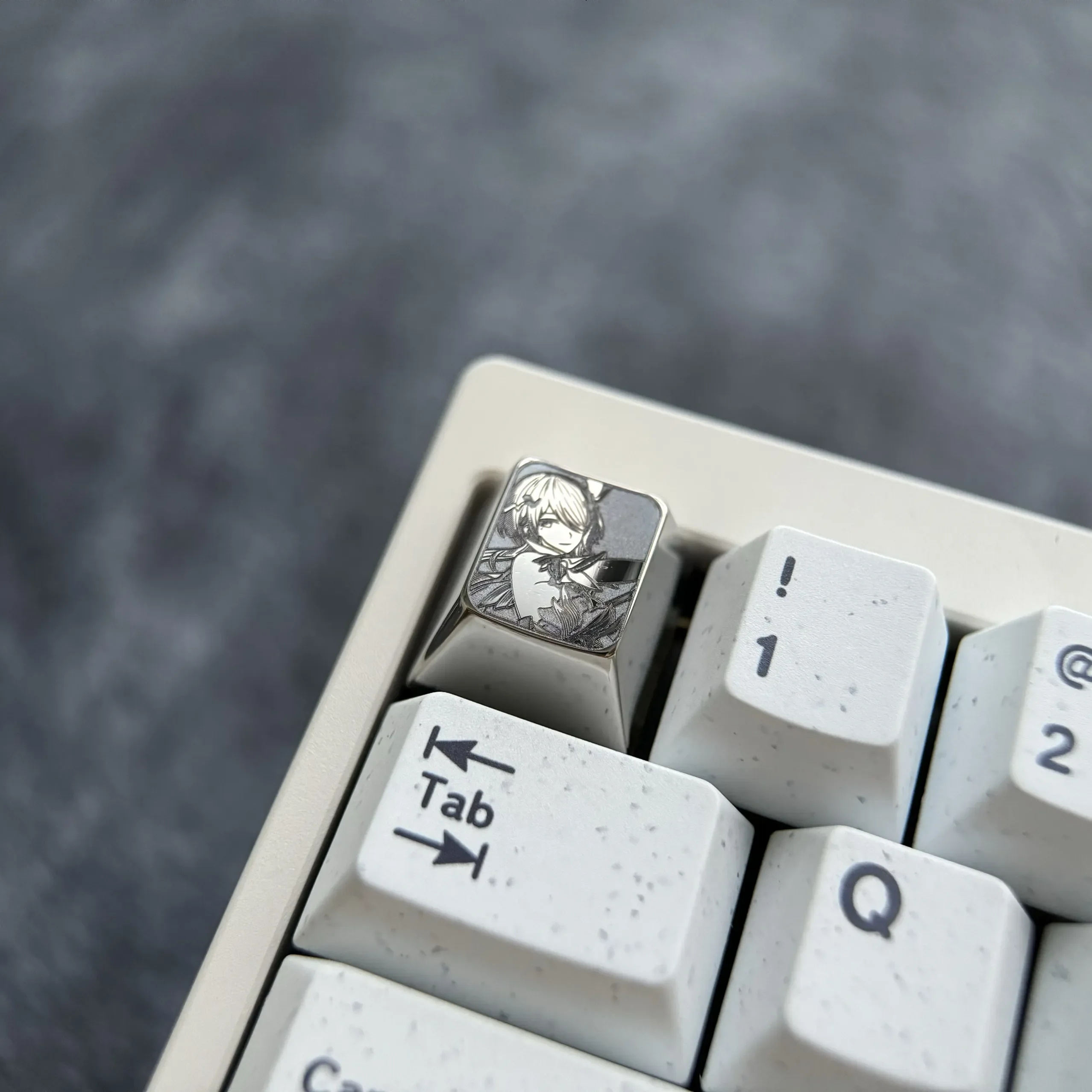 Rita Rossweisse keycap gallery: exquisite titanium artisan ESC keycap from multiple angles. Fiery orange, metallic finish, and meticulous anime.