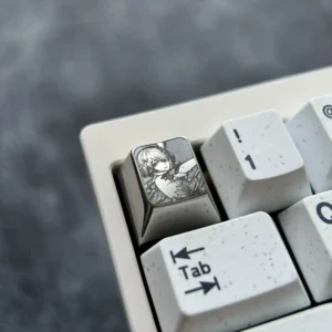 Exquisite Rita Rossweisse titanium artisan ESC keycap, featuring a meticulously sculpted fiery orange anime character with a premium metallic finish.