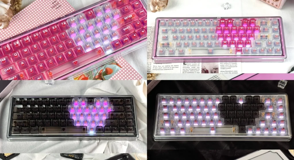 Showcasing the Base68 Romantic Tri-Mode Mechanical Keyboard with its 4 categories keycaps and elegant design, ideal as a unique gift.