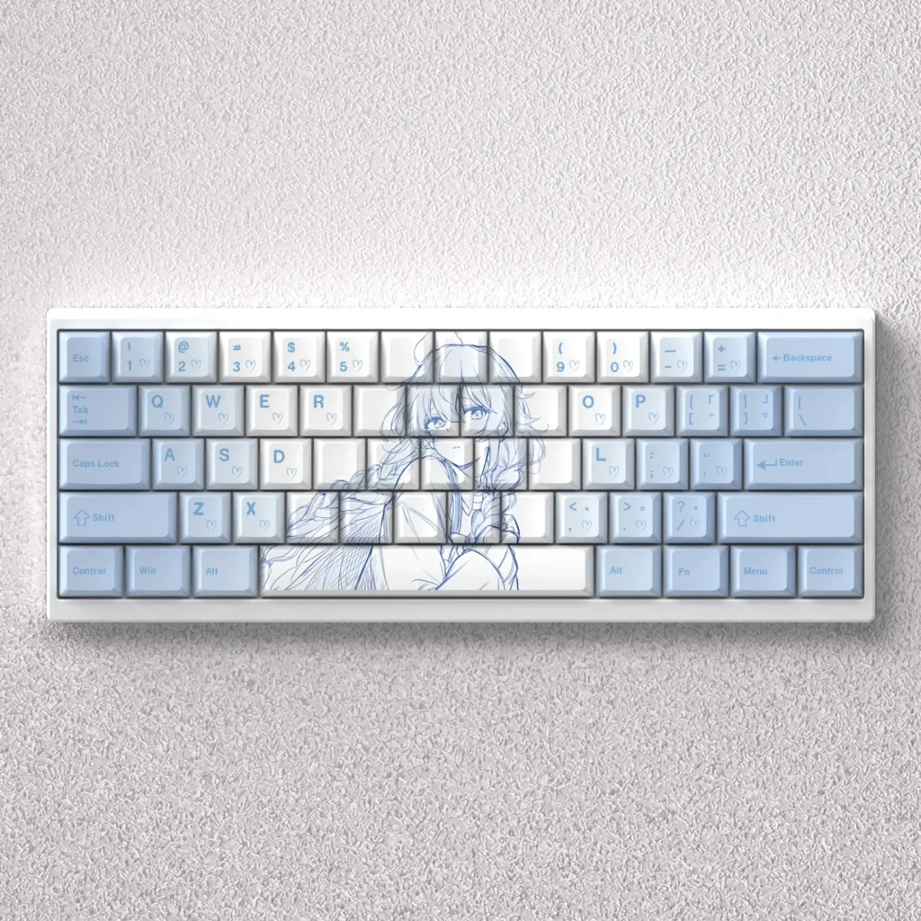 Vibrant main display of exclusive Roxy Mushoku Tensei PBT keycaps set, showcasing playful anime character art and themed colors for fans.