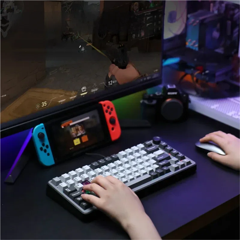 Sleek RT75 Gateron mechanica keyboard displayed from various angles, emphasizing its lightning-fast switches for peak competitive gaming performance.