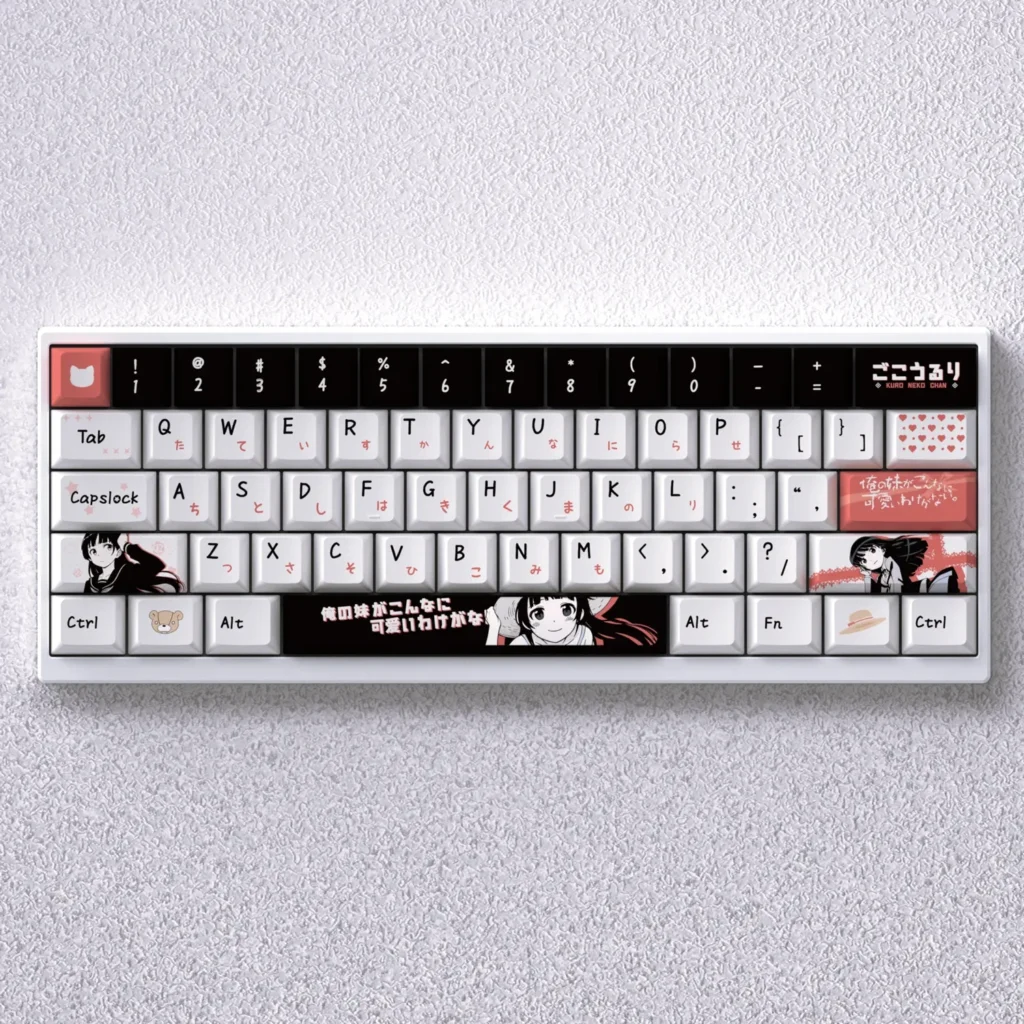 Vibrant Ruri Goko Keycap Set PBT set showcasing iconic anime character art in signature black, pink, and white, evoking classic aesthetics.