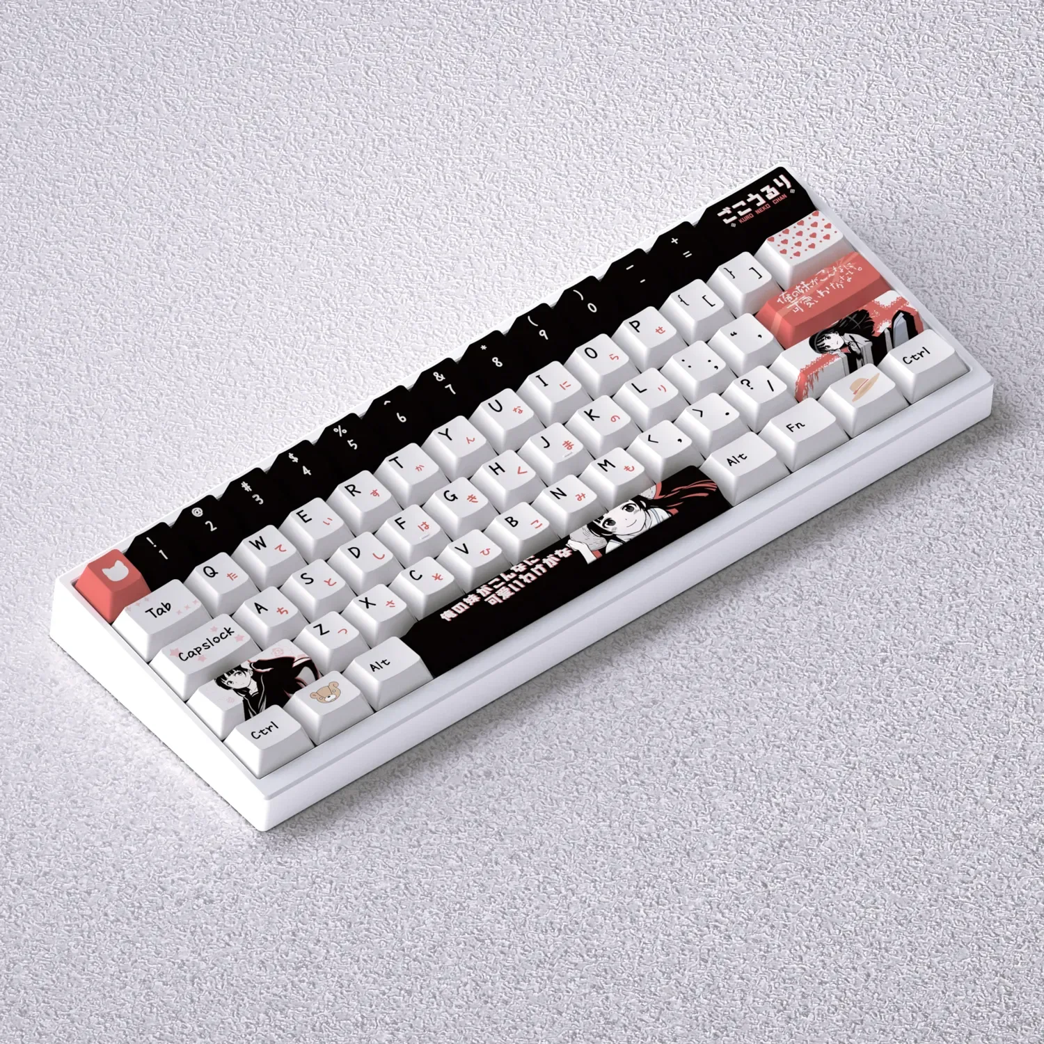 Vibrant Ruri Goko Keycap Set for mechanical keyboards, showcasing iconic anime art in signature black, pink, and white aesthetic.