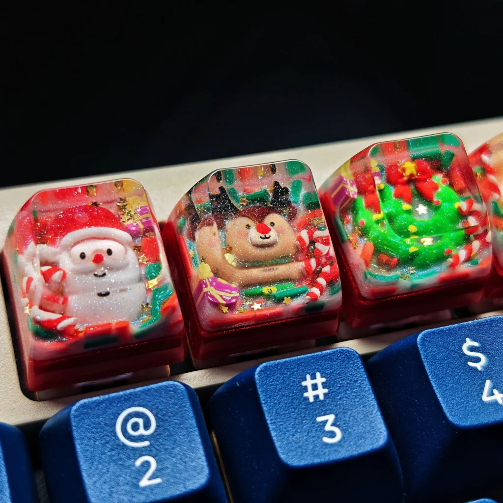 Collection of images displaying the unique handcrafted Christmas resin keycap from various angles, highlighting its vibrant festive charm and artisan keycaps.