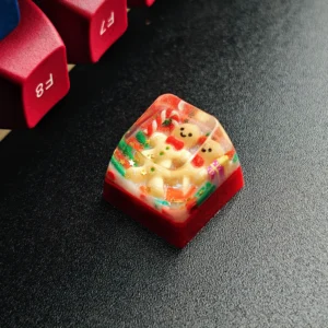 Handcrafted Christmas resin keycap, a close-up showcasing the whimsical festive Santa figure encased in vibrant clear resin. A unique artisan keyboard.