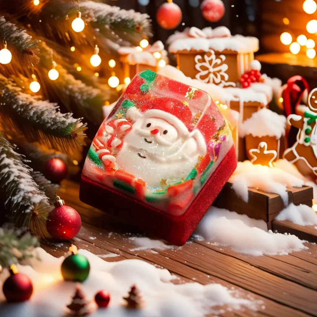 Whimsical handcrafted Christmas resin keycap, a unique festive artisan keyboard gift, showcasing a joyful Santa figure encapsulated in vibrant clear design.
