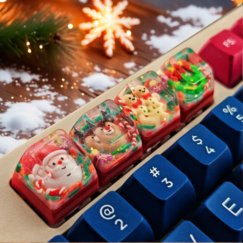 Handcrafted Christmas resin keycap showcasing a whimsical Santa figure encapsulated in vibrant clear resin, making a unique festive Christmas artisan keycaps.