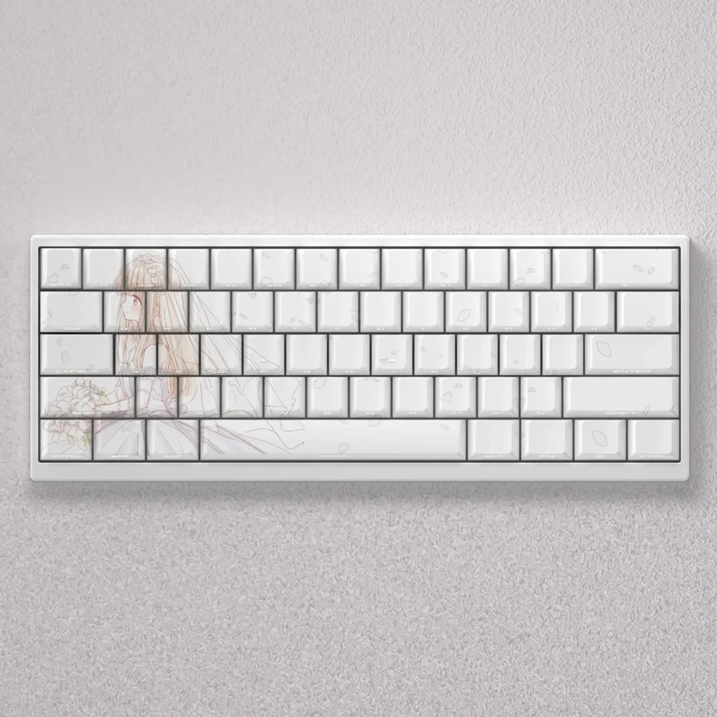 Shiina Mahiru themed backlit PBT keycaps set for mechanical keyboards, showcasing gentle anime art and subtle side-lit legends.