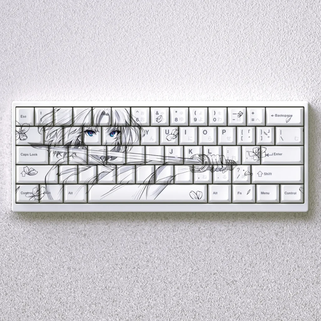 The Garden of Sinners: Shiki Ryogi Cherry Keycap Set showcase a clean, minimalist design on an Cherry profile custom keyboard, embodying a modern artistic aesthetic.