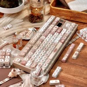 Elegant Siamese cat keycap set in warm coffee tones, showcasing intricate feline motifs. This exquisite dye-sublimated PBT set enhances a cozy