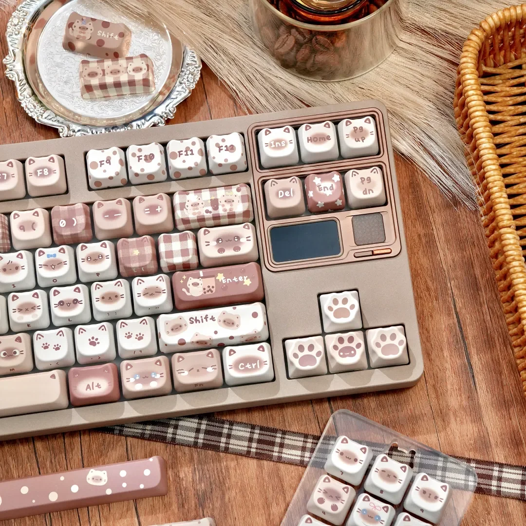 Elegant Siamese cat keycaps set in MAO profile, showcasing exquisite PBT dye-sublimation with warm coffee themes from multiple angles.
