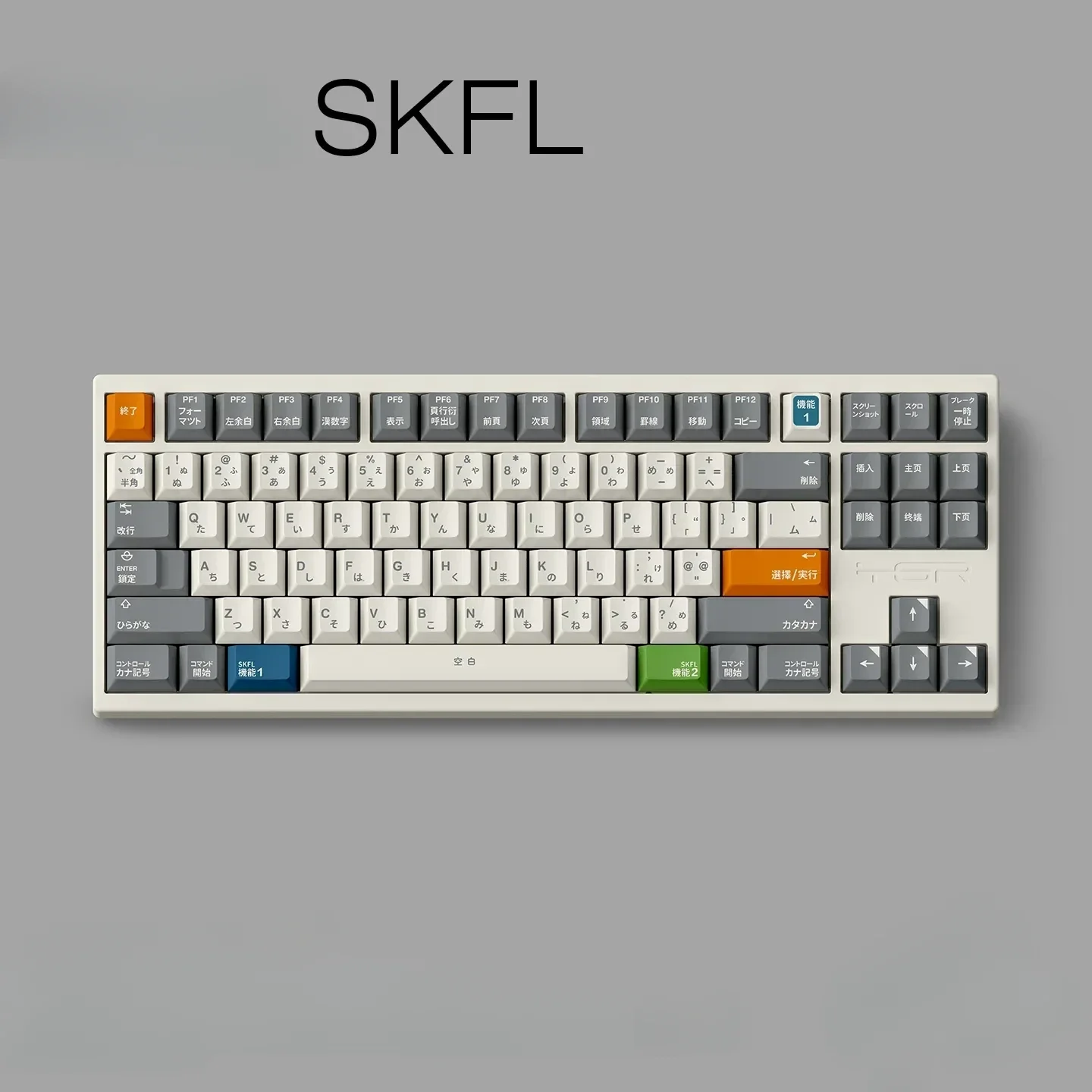 SKFL Retro Grey White PBT Keycap Set gallery. Showcases durable five-sided dye-sublimated legends and timeless design for custom mechanical keyboards.