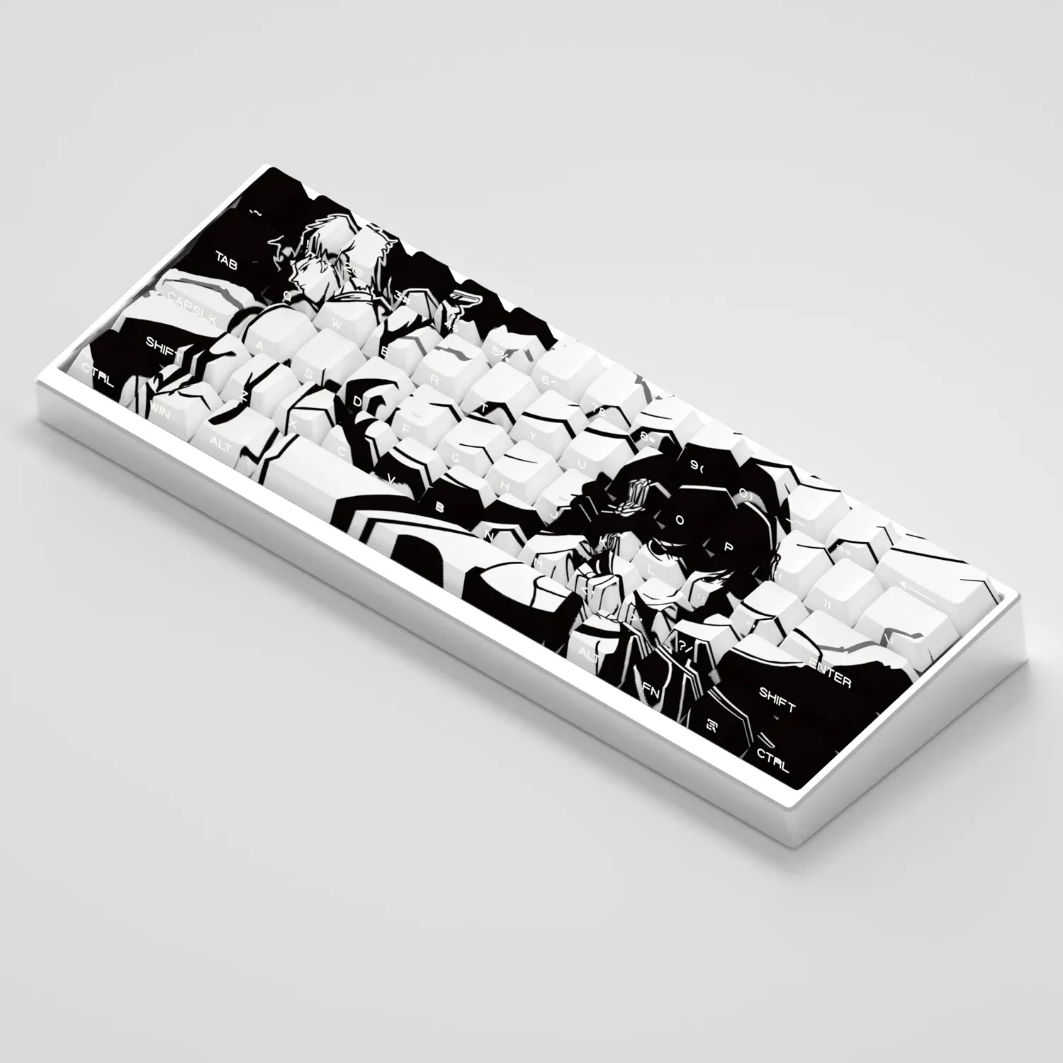 Artistic gallery of exclusive Spy x Family Yor Forger PBT keycaps set, showcasing dark, elegant character motifs and crisp, glowing side legends.