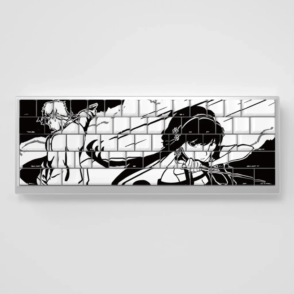 Experience the exclusive Spy x Family Yor Forger PBT keycaps set, featuring dark, elegant character motifs and crisp, glowing side-engraved legends.