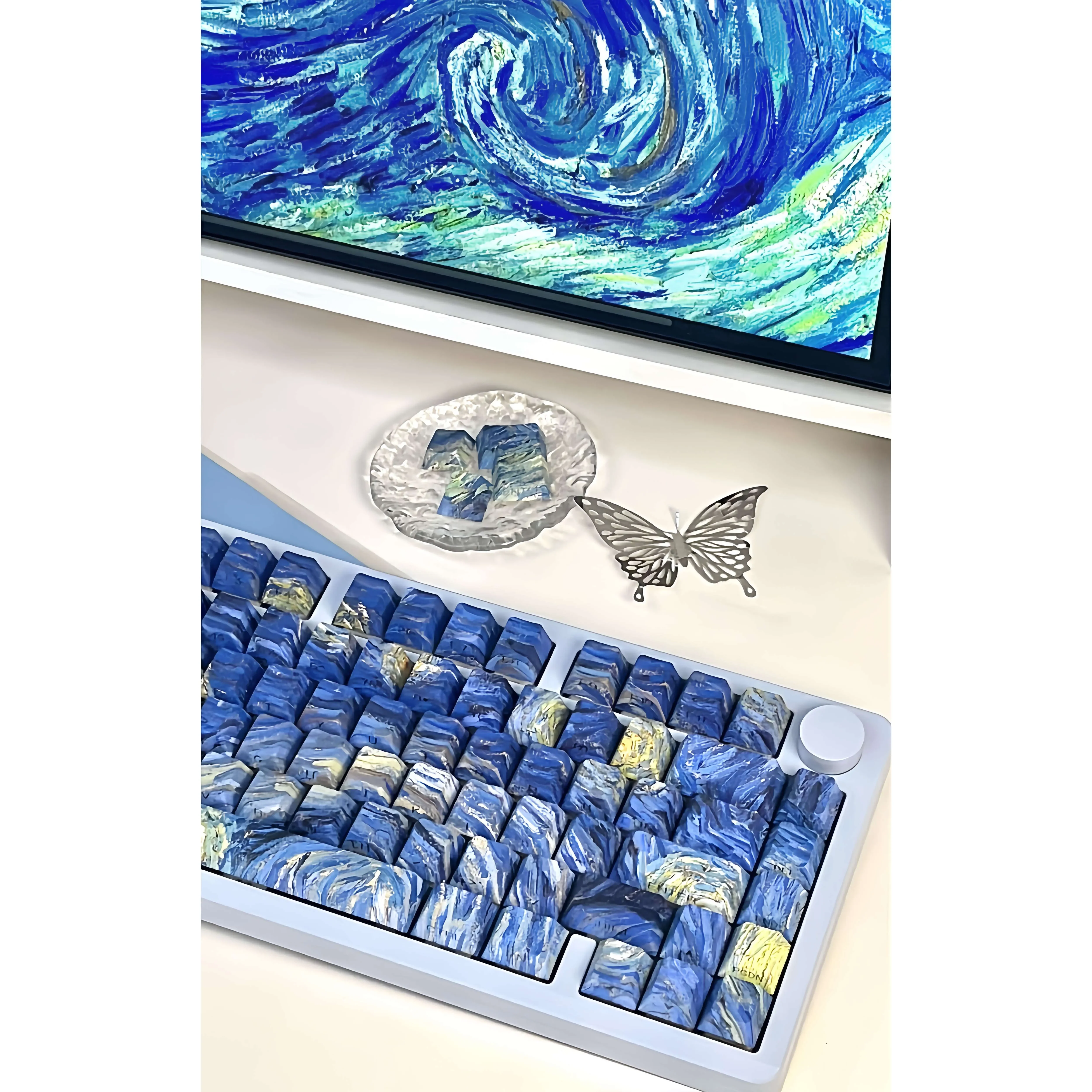 Multiple angles showcasing the luminous Starry Sky Keycap Set, highlighting the exquisite celestial side-engraved patterns and brilliant backlighting.