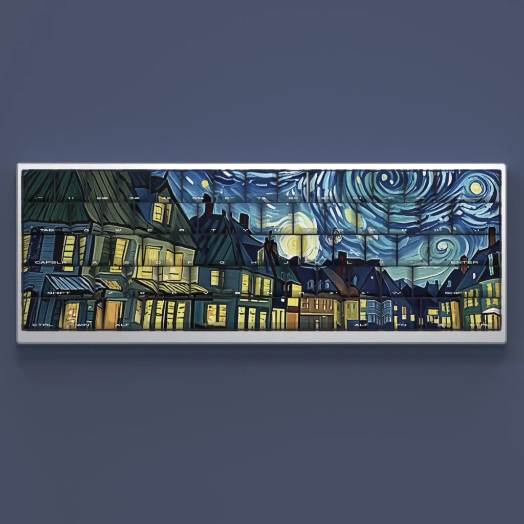 Starry Sky Keycaps Set showcasing luminous side-lit legends, revealing deep space nebulae and twinkling constellations for a cosmic, premium keyboard set.