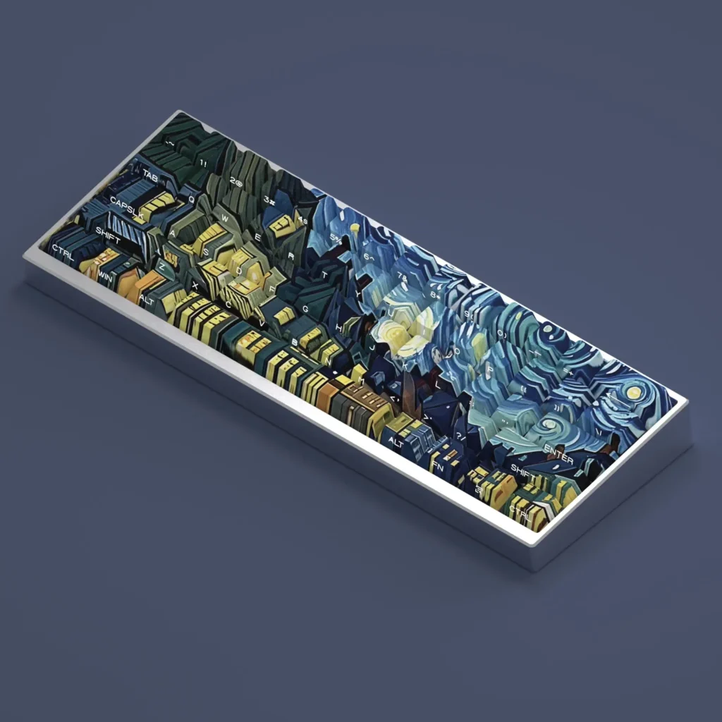 Starry Sky Keycaps set with multiple views, highlighting its celestial aesthetic, side-lit legends, universal compatibility, and Cherry profile.