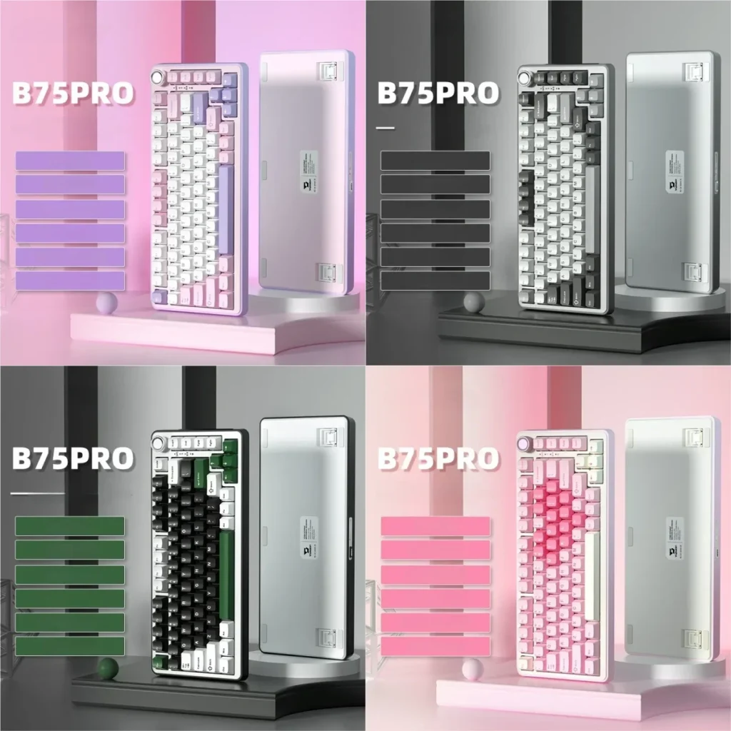 Stylish B75pro OEM Tri-Mode custom mechanical keyboard, beautifully displaying its customizable design with a pink-purple cosmic glow.