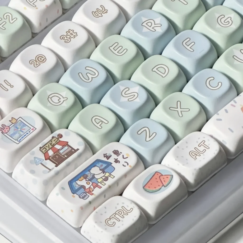 Vibrant Japanese Summer Festival keycap Set with playful anime characters, showcasing durable PBT and full five-sided dye-sublimation for a universal