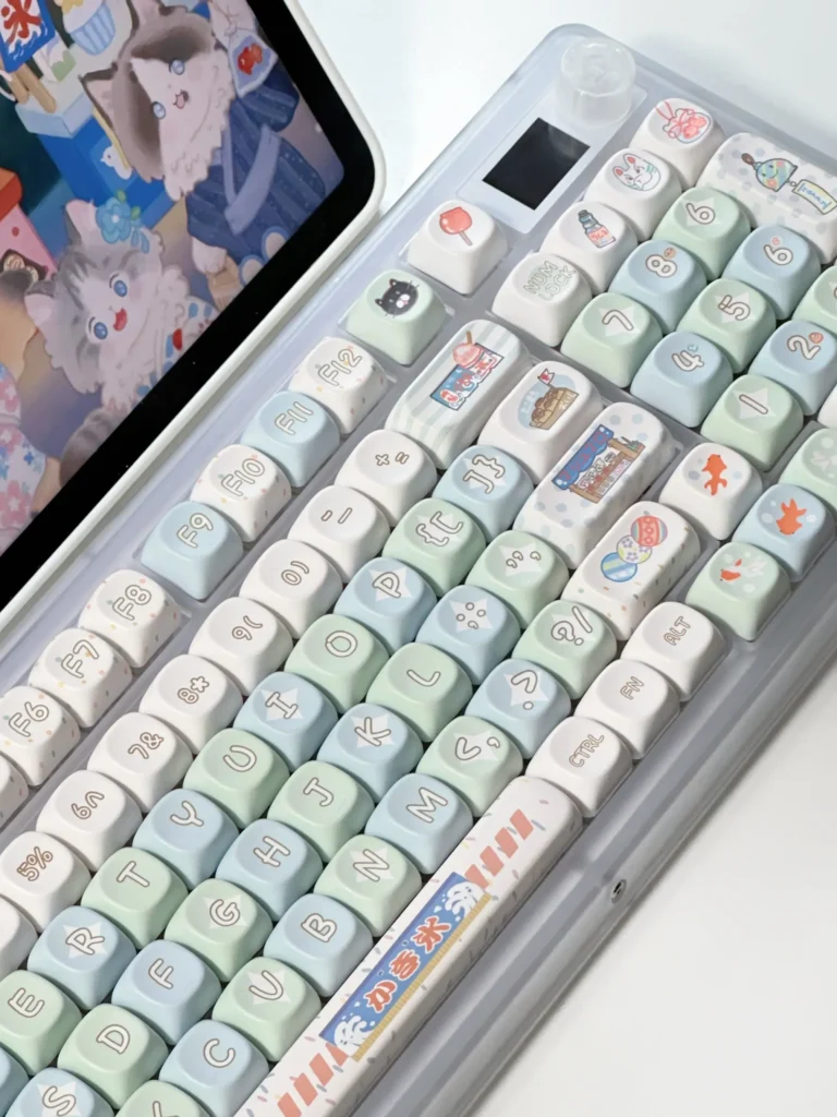 Vibrant Summer Festival keycap Set: PBT, vivid five-sided dye-sublimation, and charming anime designs for the 131-key set.