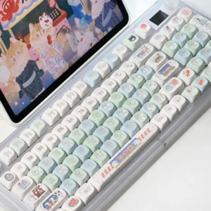 Various angles of the vibrant Summer Festival keycap Set, showcasing durable PBT construction and charming anime dye-sublimated art.