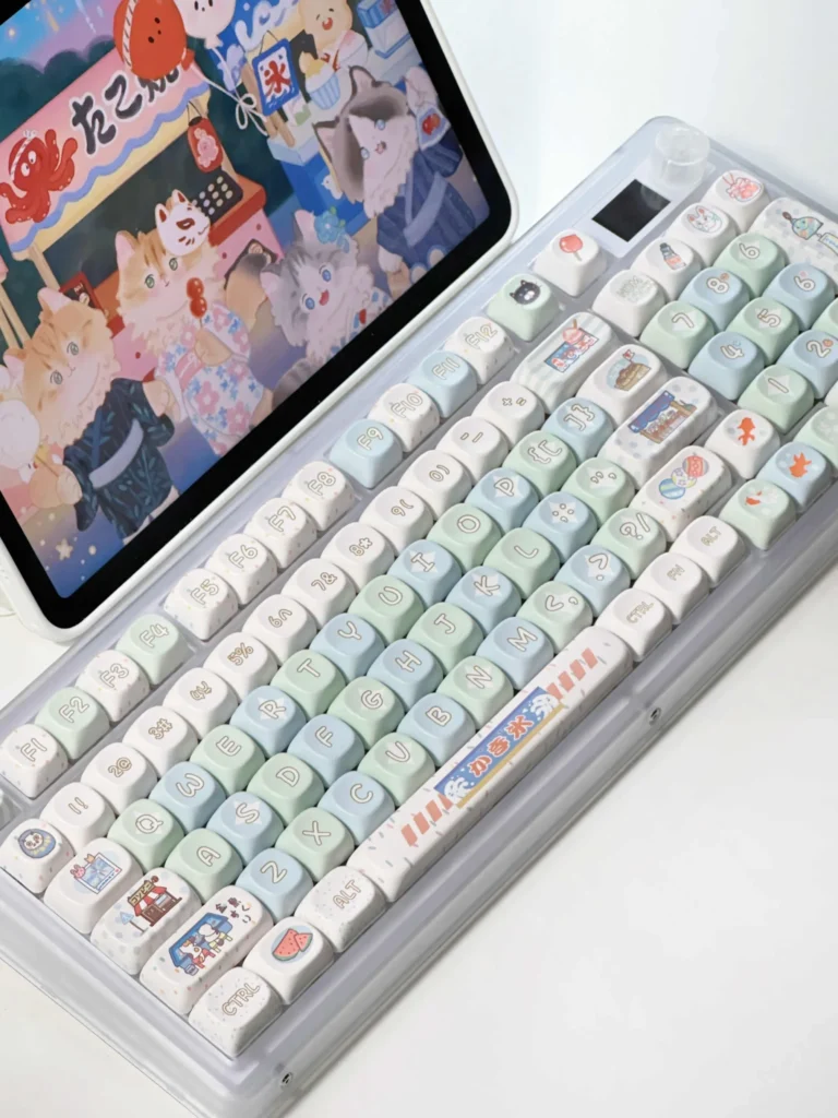Various angles of the vibrant Summer Festival keycap Set, showcasing durable PBT construction and charming anime dye-sublimated art.