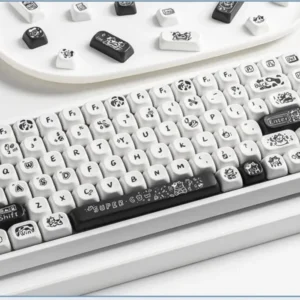 Whimsical Super Cow keycaps set gallery. Durable PBT dye-sub MOA profile full set shown from various angles, highlighting the charming black and white design.