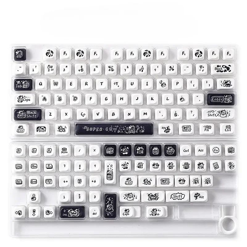 Whimsical Super Cow keycaps set, showcasing durable PBT dye-sub MOA profile with charming black and white cow patterns and playful farm accents.