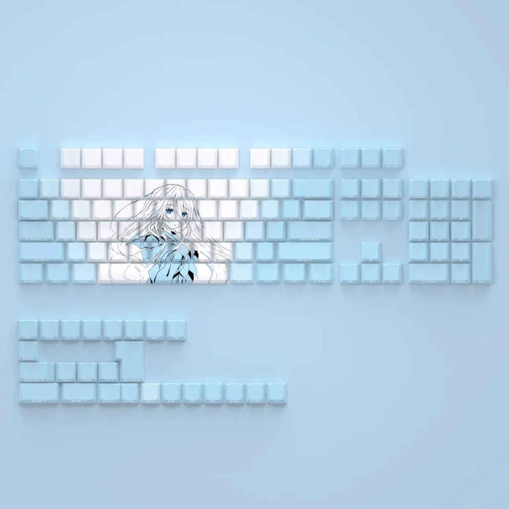 Enigmatic Takamiyamiya Mio PBT keycap set beautifully displayed, highlighting its exclusive side-lit anime art and dark elegant aesthetic.