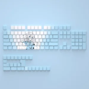 Enigmatic Takamiyamiya Mio PBT keycap set beautifully displayed, highlighting its exclusive side-lit anime art and dark elegant aesthetic.