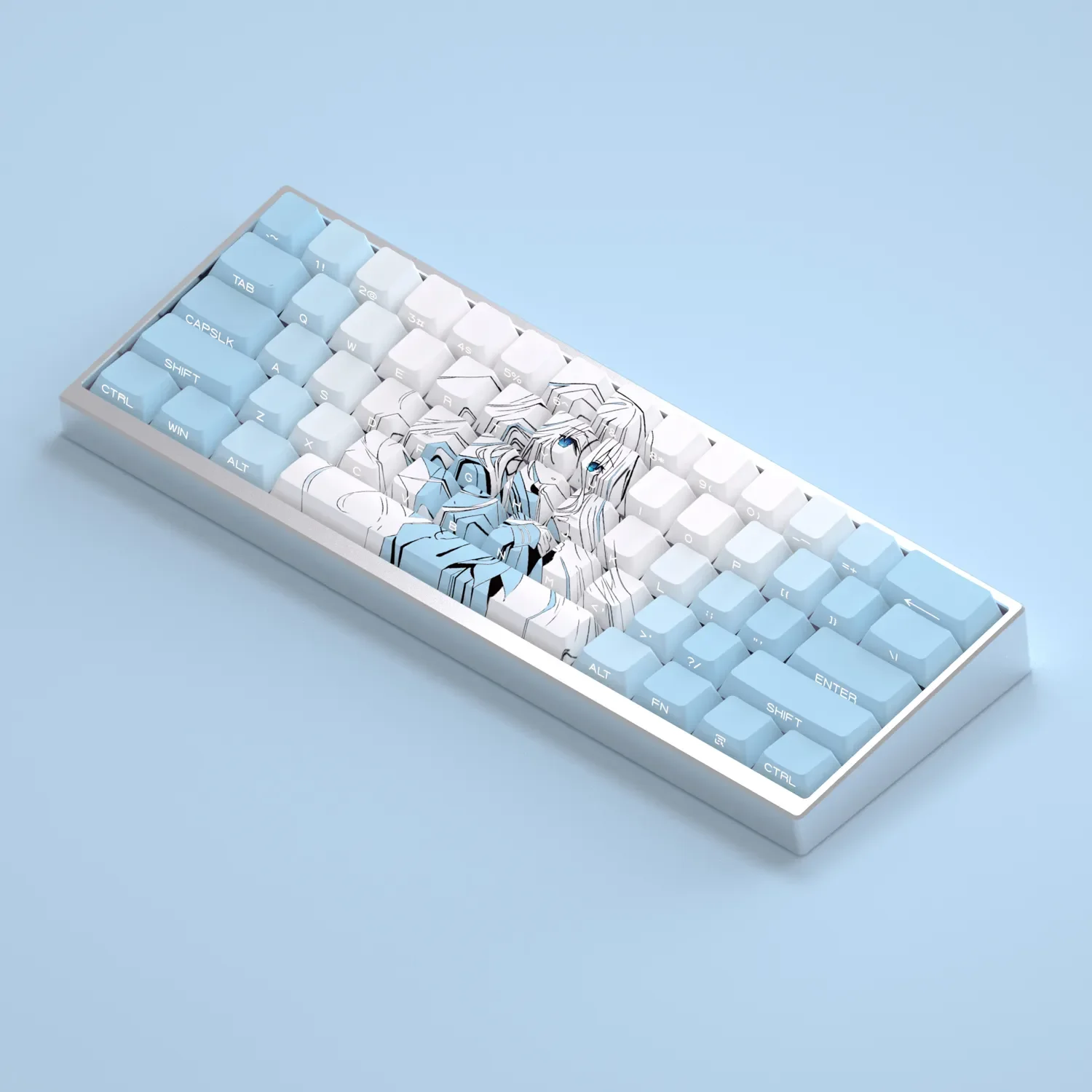 Enigmatic Takamiyamiya Mio Keycaps Set gallery. Exclusive side-lit PBT 130-key set, dark elegance, intricate anime art multiple angles.